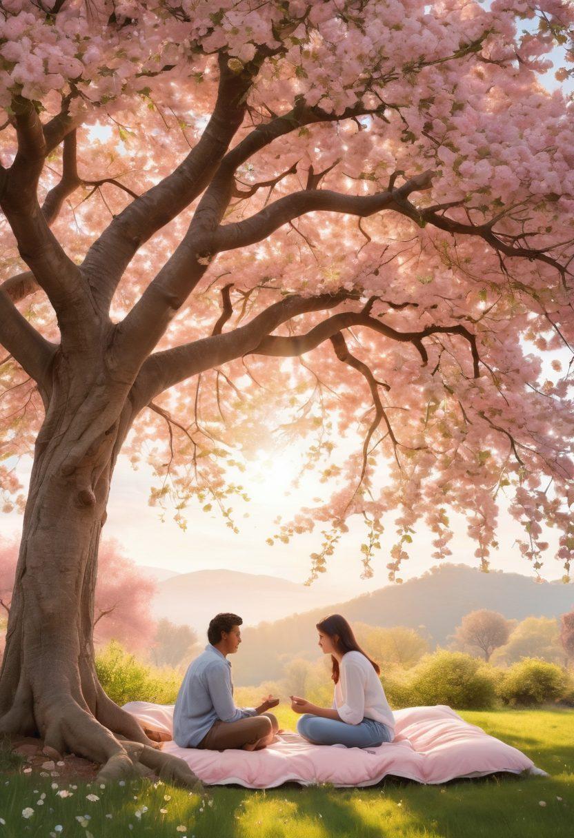 A warm and inviting scene of two people sharing a heartfelt conversation under a blossoming tree, surrounded by soft pastel colors that evoke a sense of love and connection. Include symbols of nurture like a heart shaped cloud and gentle sunlight filtering through leaves. Background should have cozy elements like cushions and a picnic setup. super-realistic. soft colors. warm atmosphere.
