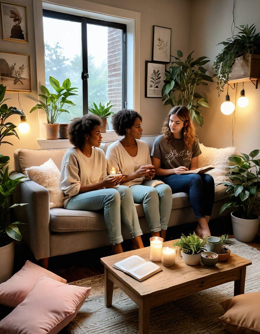 A serene and inviting scene depicting a cozy living room with two friends sharing a heartfelt moment, surrounded by soft cushions and plants. Include elements that symbolize self-care, like candles, journals, and warm tea, while showcasing supportive dialogue in speech bubbles. The atmosphere should feel nurturing and warm, highlighting emotional connection and healthy interactions. soft pastels. super-realistic. cozy lighting.