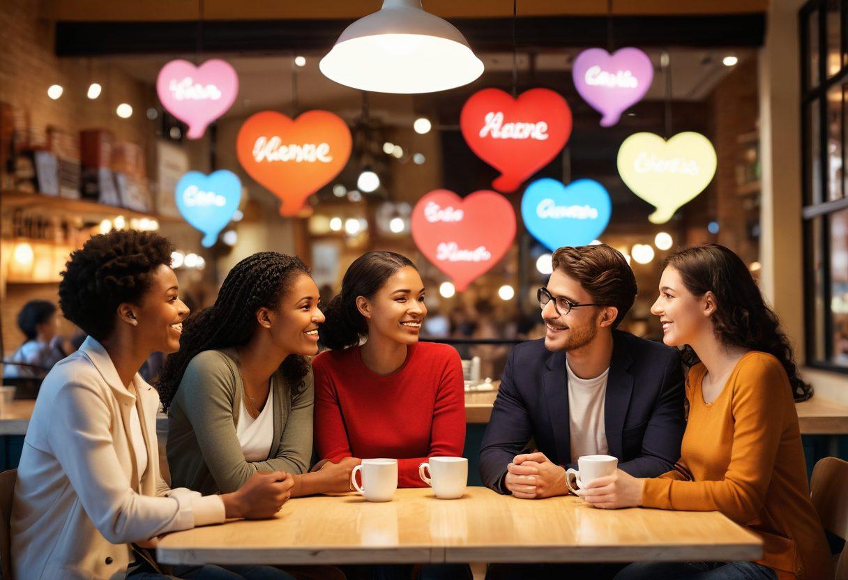 A warm and inviting scene depicting a diverse group of people engaging in deep conversation, showcasing expressions of empathy and connection. Include elements like heart symbols or speech bubbles to represent emotional intelligence. Soft, glowing light to symbolize warmth and openness. The background features a cozy café setting, enhancing the theme of connection through communication. vibrant colors. super-realistic.
